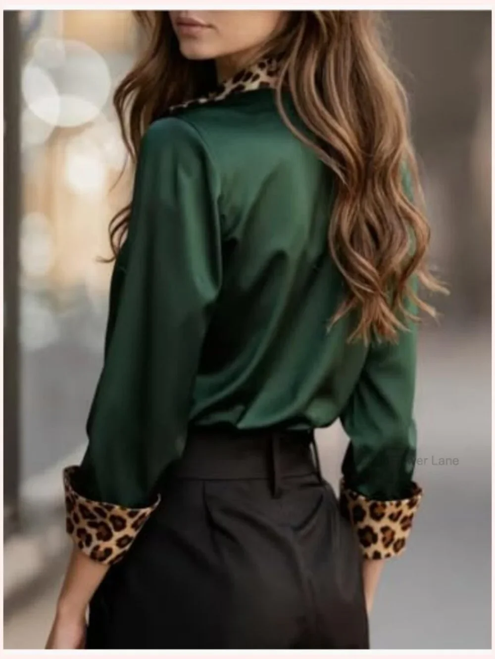 Leopard Satin Button Down Blouse Long Sleeve - Picture 3 of 5